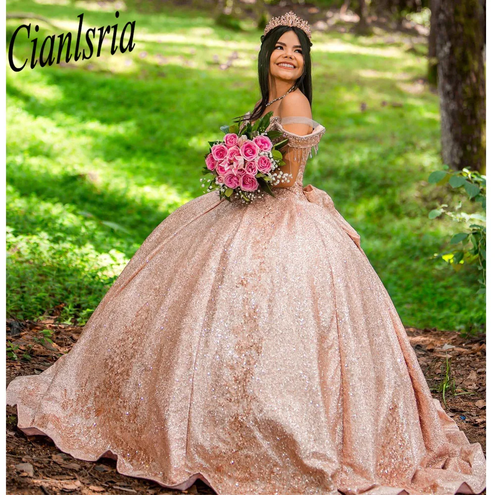 Luxury Rose Gold Quinceanera Dresses Sparkly Beaded Sequins Lace-up Corset Puffy Skirt Princess Debutante Dress for 15 years