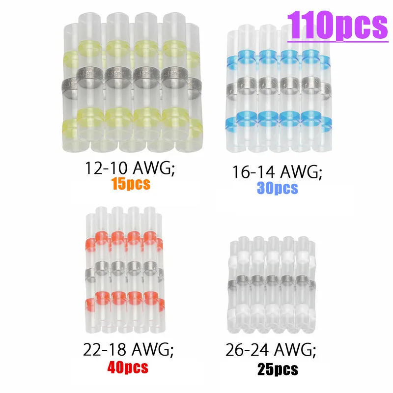 

Прочные термоусадочные стыковые обжимные клеммы 110 шт., водонепроницаемые паяльные уплотнения, электрические разъемы, набор для соединения проводов и кабелей