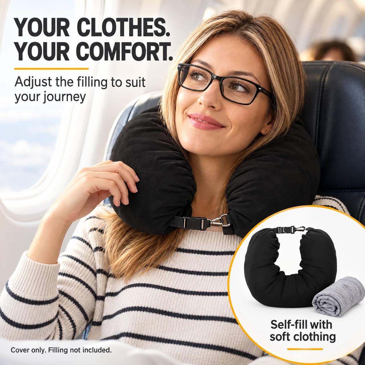 Stuffable Travel Neck Pillow Cover, Soft Plush Clothes Storage Bag with Adjustable Shoulder Strap for Airplane Travel, No Filler