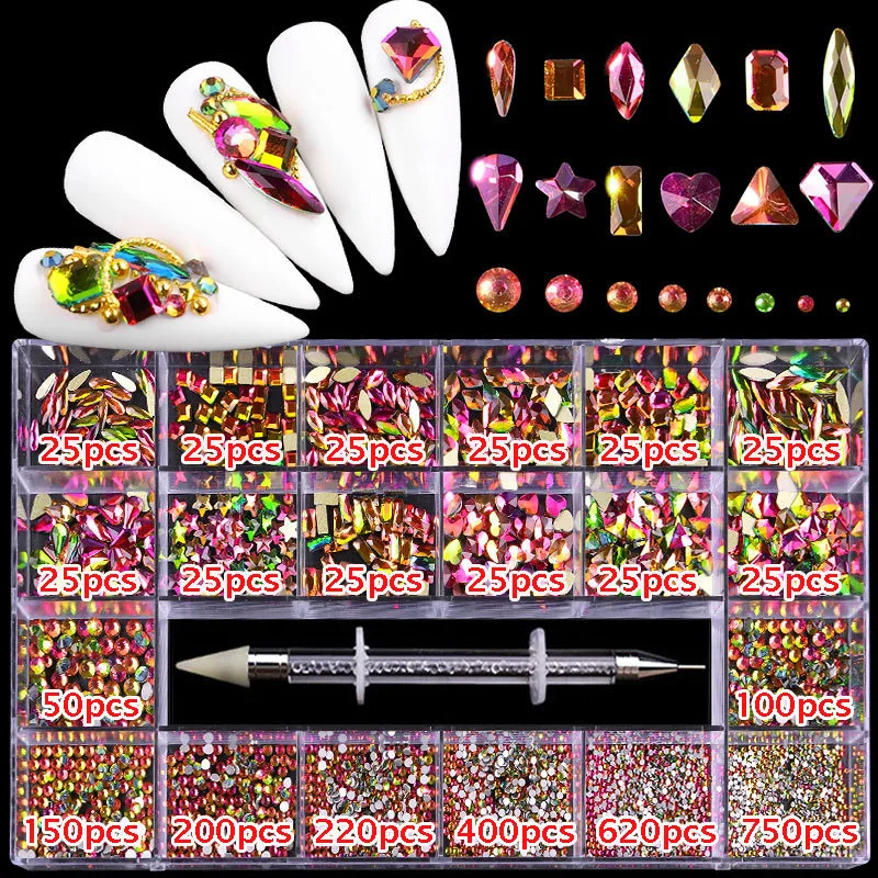 2800 teile/schachtel Luxus Strass Nail art Schmuck Set Glas Nagel Kristalle Box 3D Flache Glas Geformt Diamant Nägel Dekoration Edelstein – Detail 16