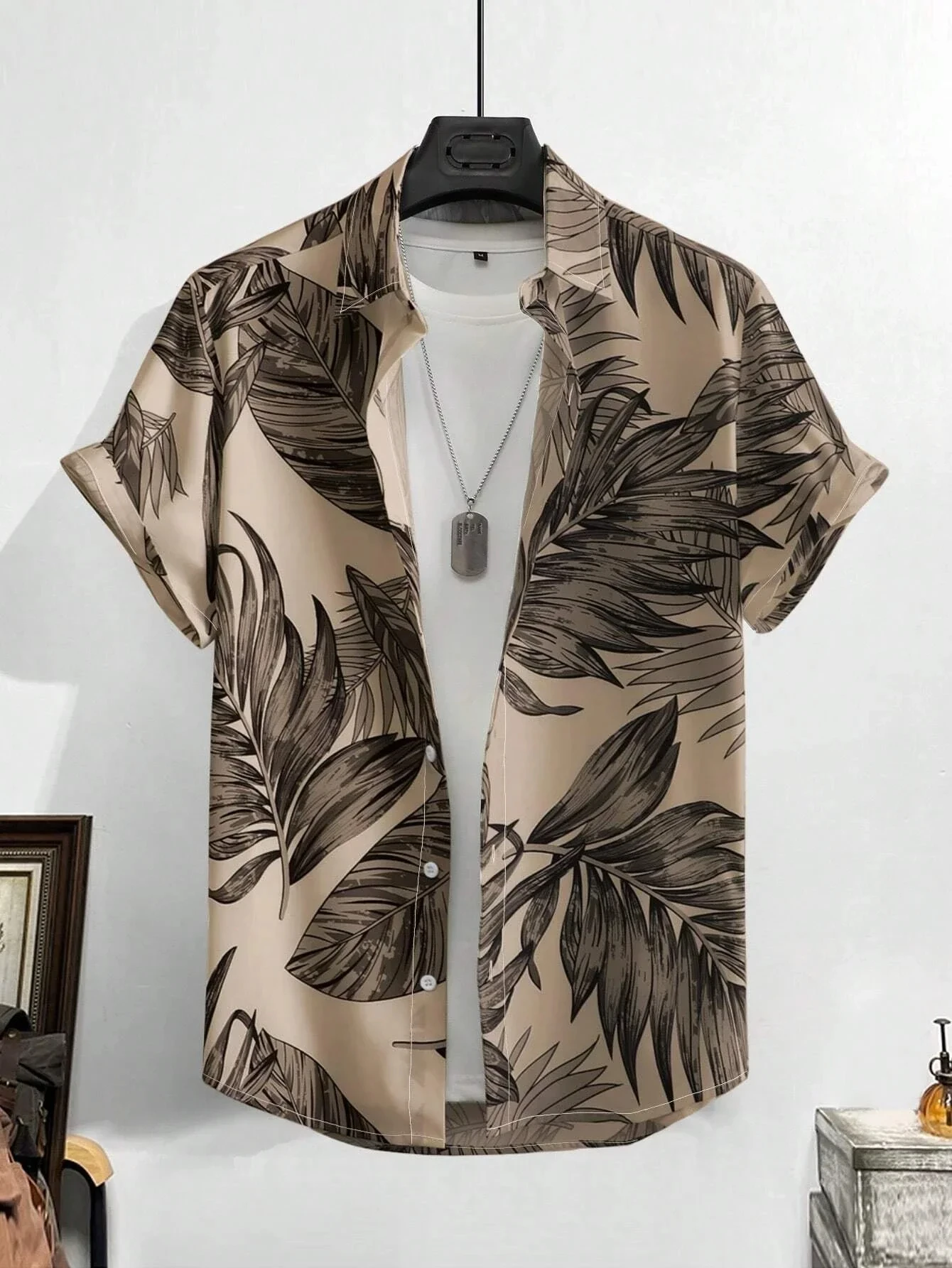Leaves Tropical Men's Vacation Hawaii 3D Printed Shirt Outdoor Vacation Beach Summer Casual Lapel Short Sleeve Hawaiian Shirt