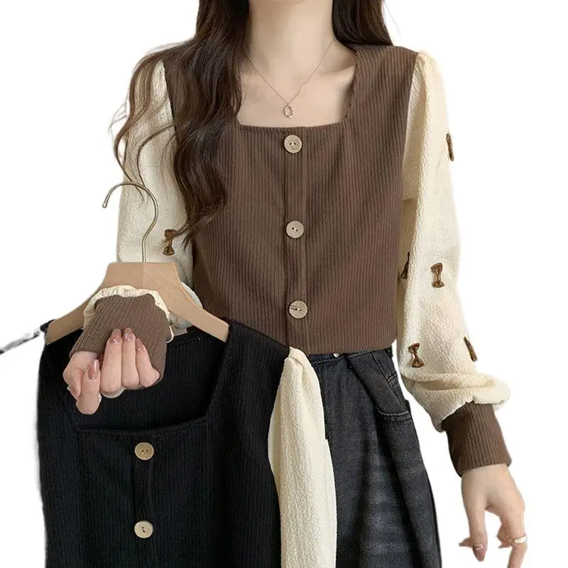 Camisa básica para mujer, Top adelgazante de talla grande con empalme de Nudo de mariposa para primavera y otoño, cuello cuadrado de manga larga de estilo francés de gran tamaño