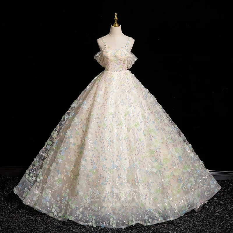 

Custom Pastel Floral Tulle Fishbone Evening Gown Spaghetti Strap Off Shoulder Puff Sleeve Prom Party Fairy Birthday Ball Dress