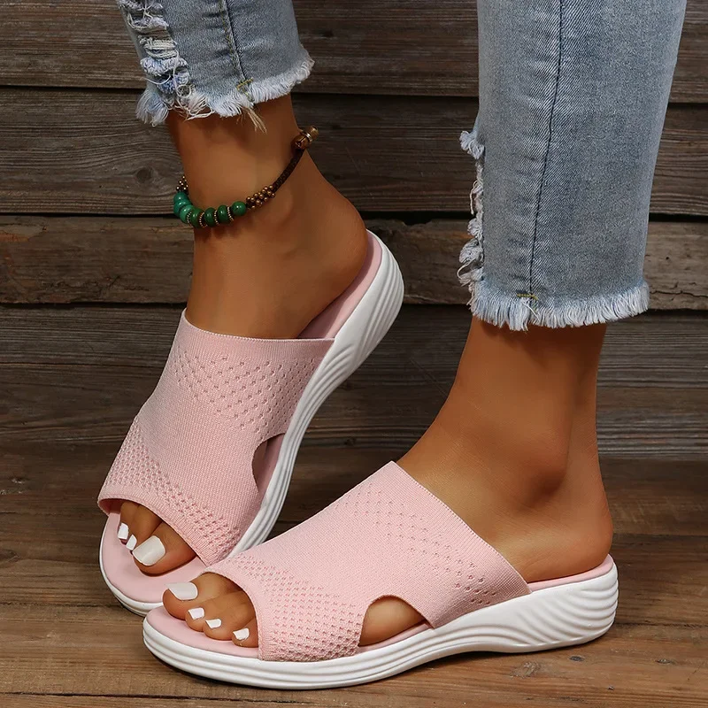 Ladies Sandals 2023 Summer New Outdoor Women Slippers Breathable Knit Casual Beach Slippers Solid Color Wedges Platform Slides