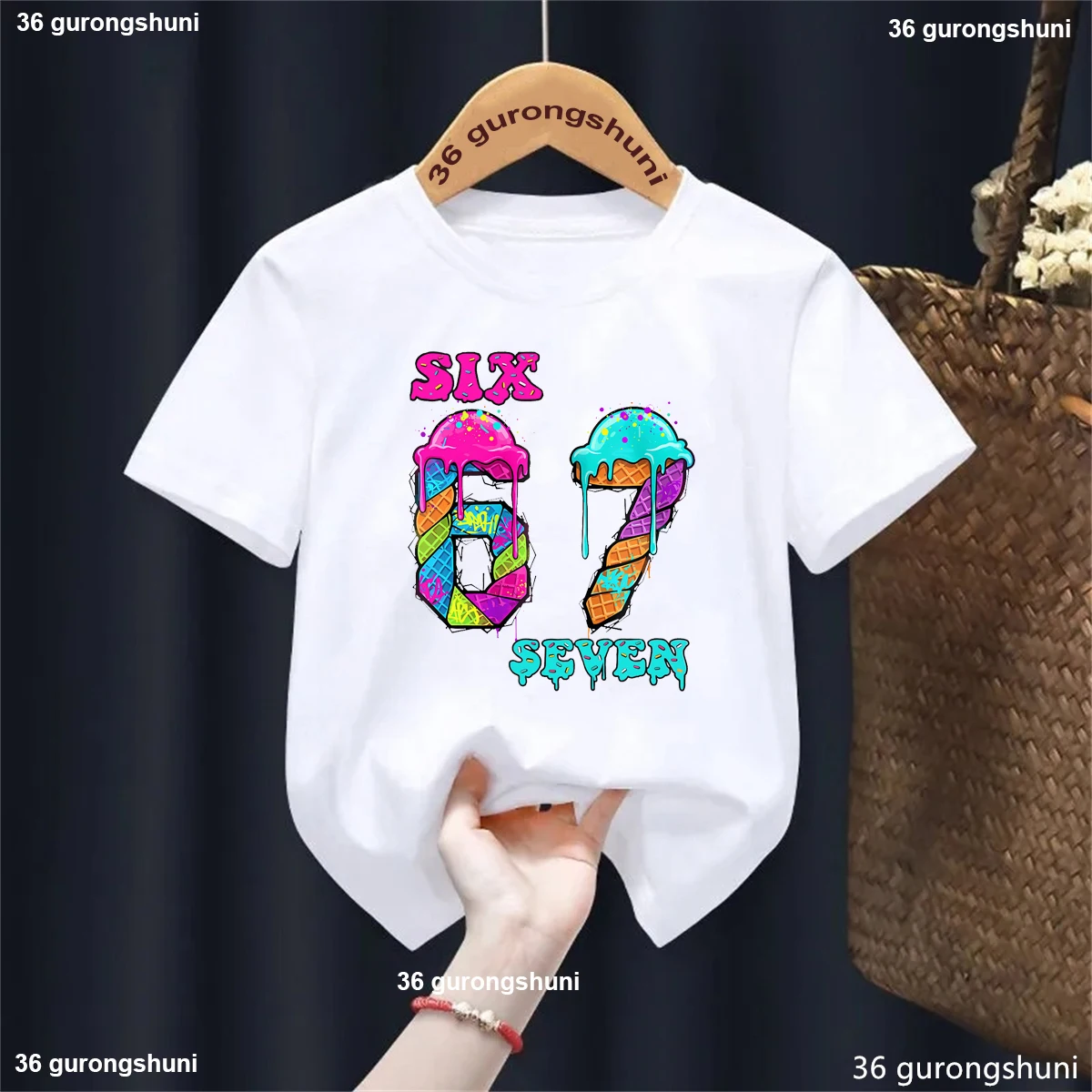

Ice Cream Six Seven 67 Meme Printed T Shirt Girls/Boys Funny Kawaii Kids Clothes Summer Short Sleeve Shirt Solid T-Shirt Tops
