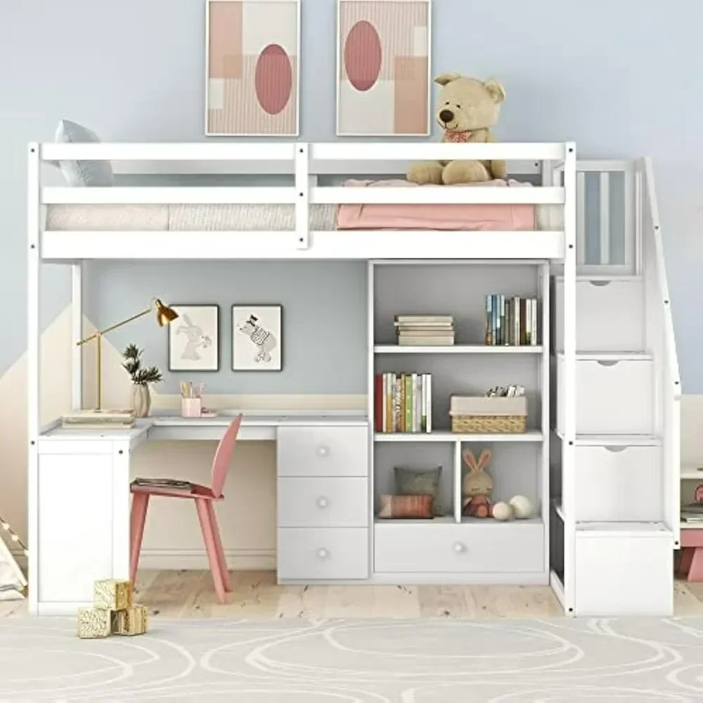 Bunk Beds Twin Loft Bed, Stairs and L-Shaped Desk, Solid Wood Loft Bed Frame with Bookcase and Storage Drawers, Loft Bed