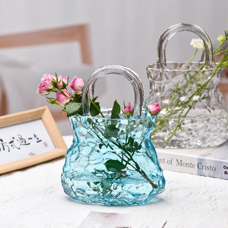 Transparent Glass Flower Vase Handbag Shape Vase Fish Tank Hydroponic Plant Container for Home Decor Small Goldfish Container