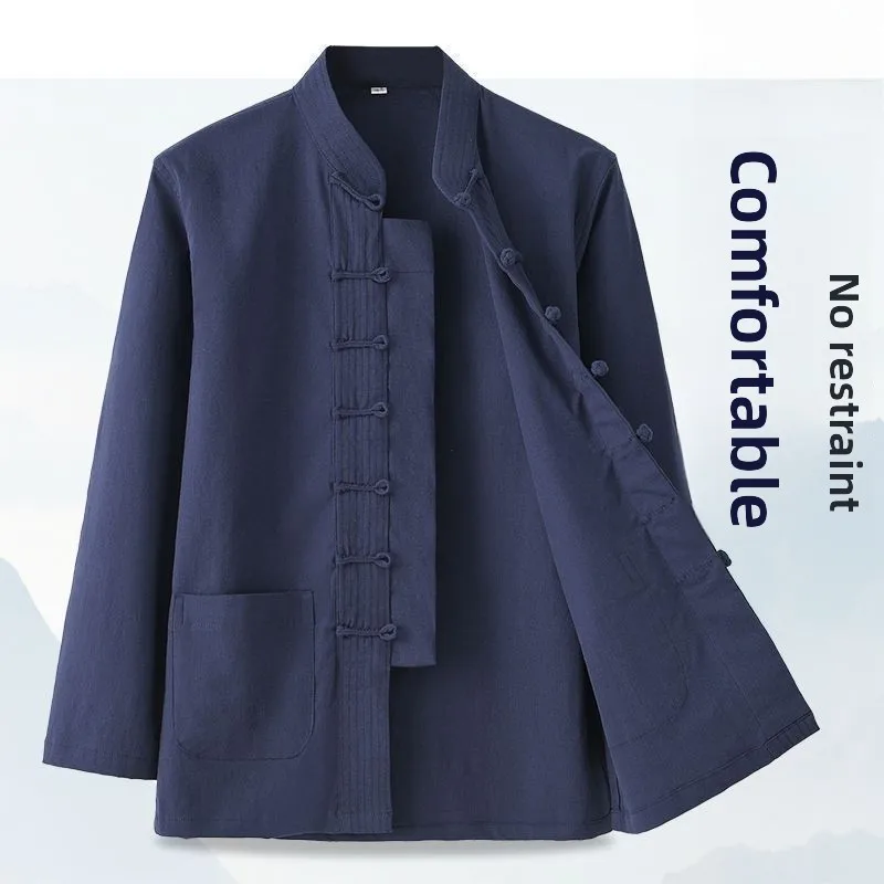 Retro Pure Cotton Chinese Style Shirt Men's Spring Autumn Tang Suit Elastic Collar Button down Base Shirt Traditional Ethnic ...