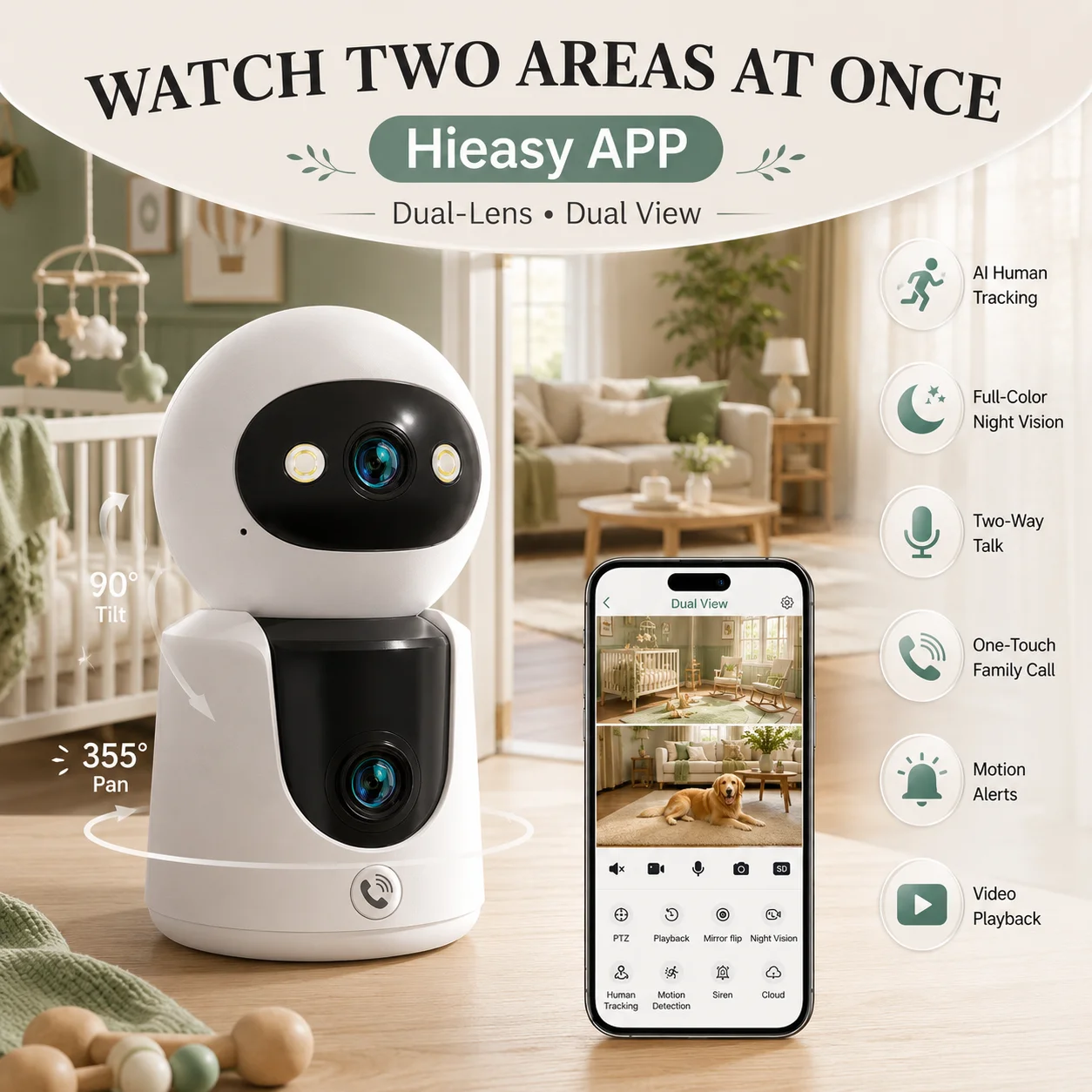 8MP 4K Dual Lens Dual Screen PTZ WiFi Camera Indoor 5G Security Camera 360° AI Human Detection Baby Pet Monitor Night Vision