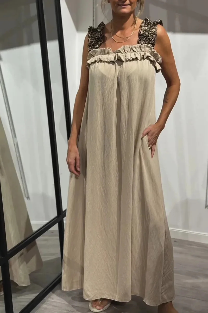 

Fashion Leopard Print Suspender Splicing Dress Casual Pleated One-length Neck Pocket Long Skirt Loose A-line Large Hem Dresses