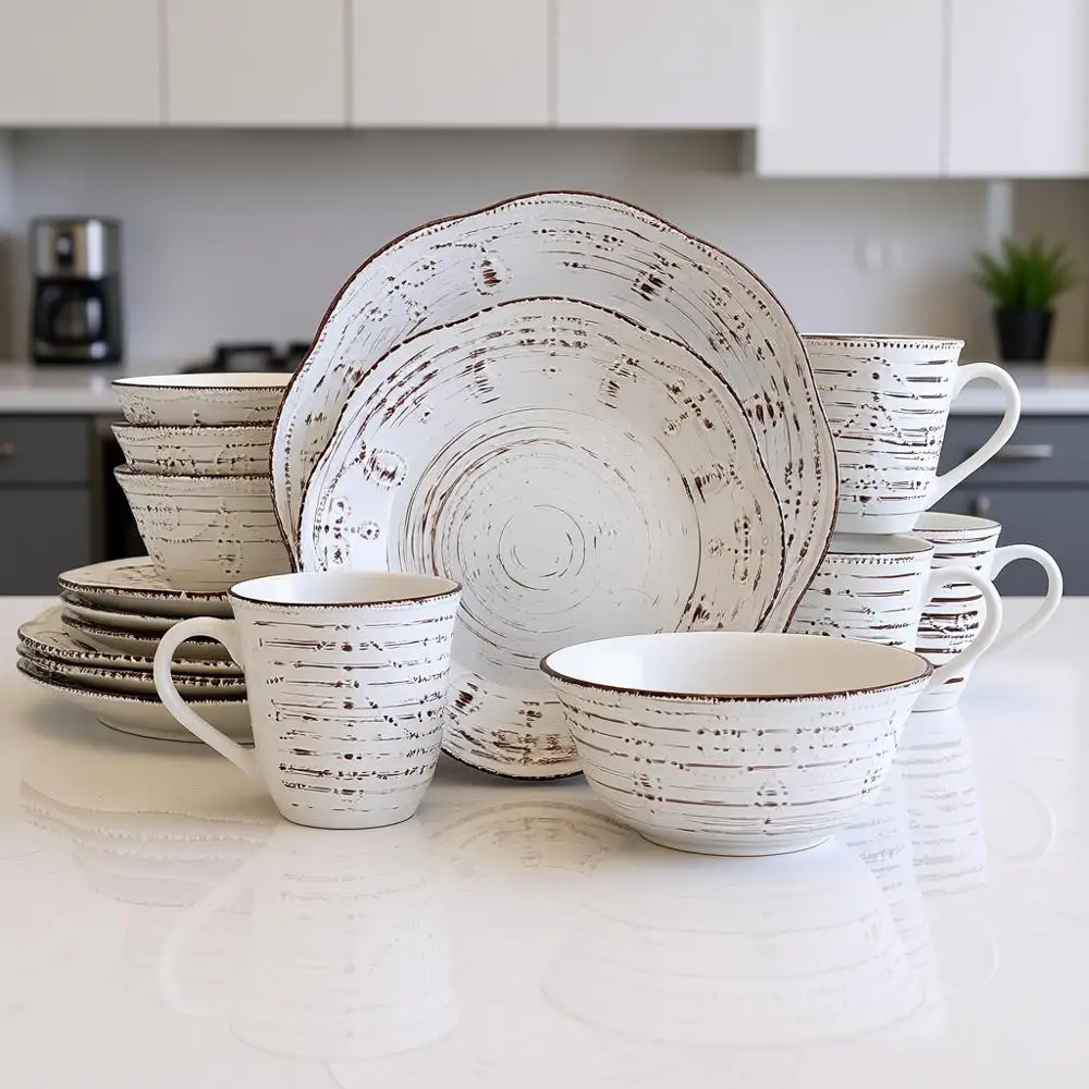 

Набор посуды из 16 предметов из керамики с волнистым краем, белый с коричневой отделкой