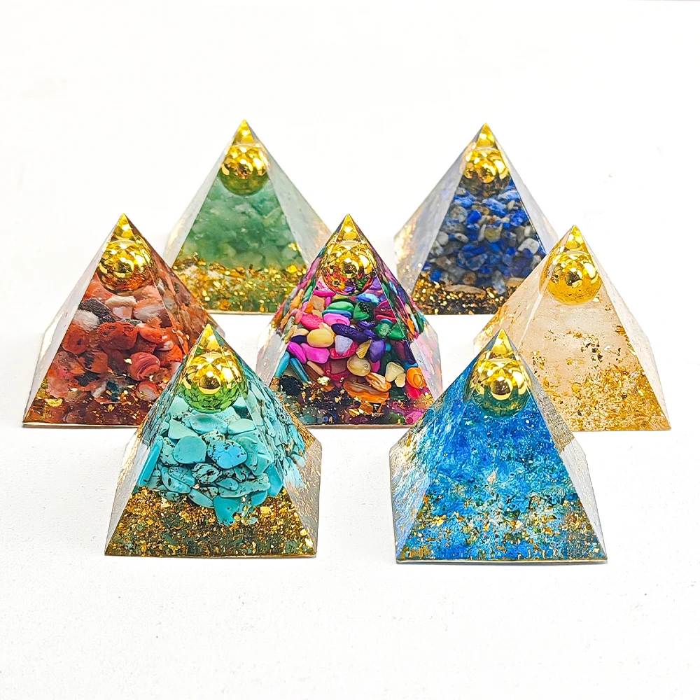 1.57inch Natural Crystal Pyramid Energy Quartz Amethyst Reiki Healing Crystal Chakra Golden Beads Resin Pyramid  Home Decor