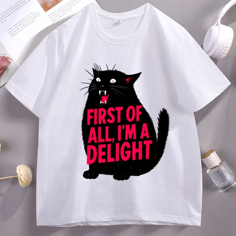 First of All I'm A Delight T-Shirt Funny Cat Tshirt Cotton Short Sleeve Round Neck Tee Animal Catlover Tee Humor Graphic T-Shirt