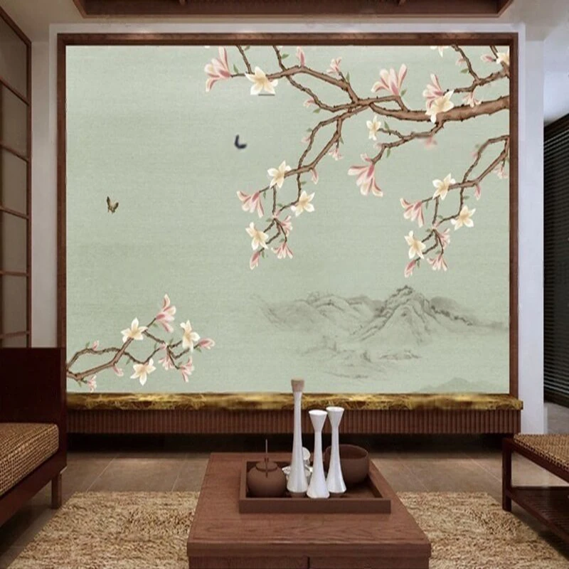 シンプルでエレガントな新しい中国風の手描きの梅の枝、蝶と自然の風景を描いたテレビ背景