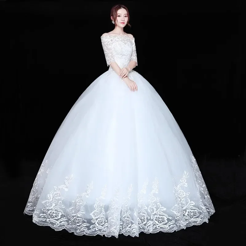 Cheap Wedding Dress White Embroidery Off the Shoulder Half Sleeves Lace up Princess Floor-length Plus size Bride Ball Gown XN020