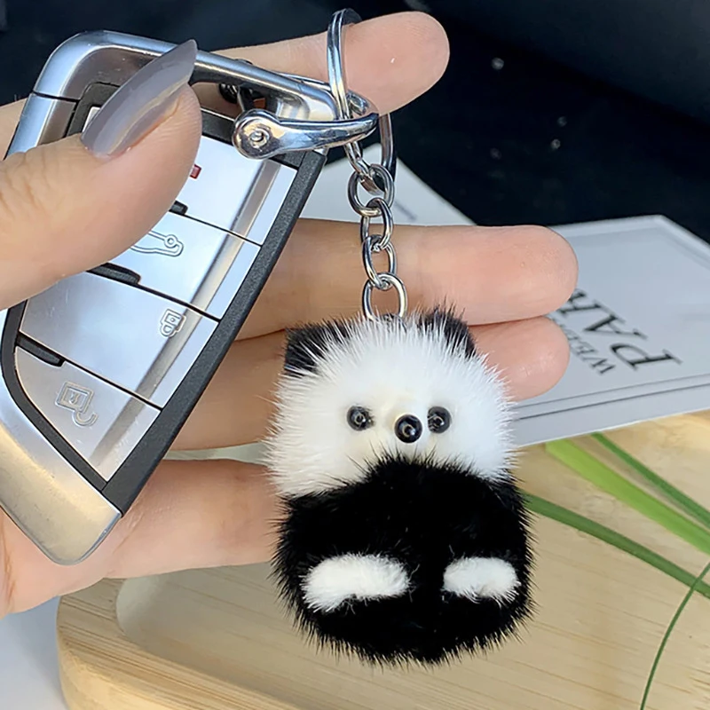 Mink Fur Panda Keychain Bag Pendant Creative Cute Black White Panda Mobile Phone Bag Plush Keyring Accessories