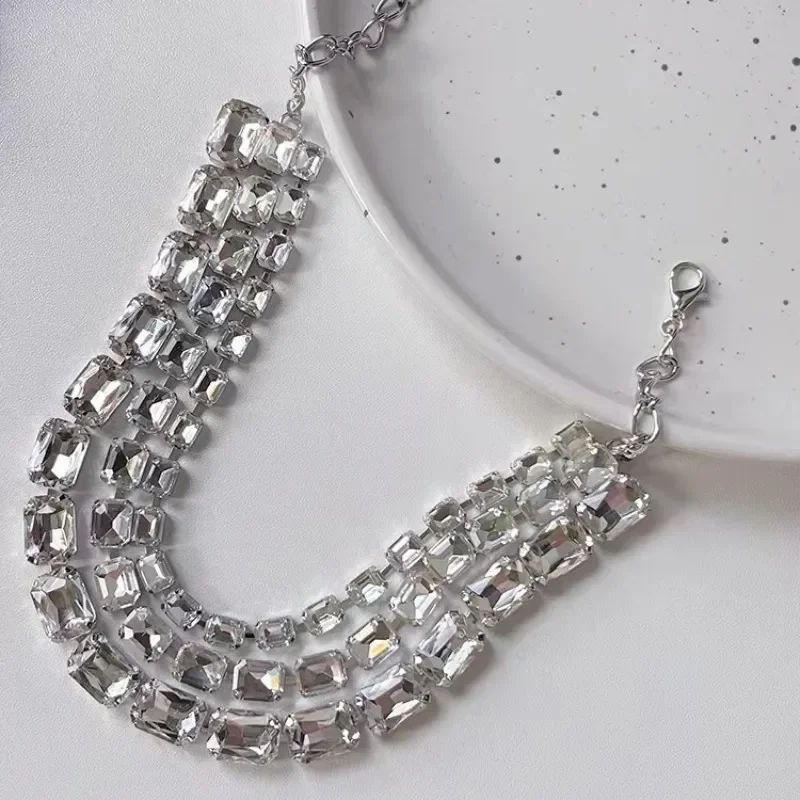 Hot Large Rhinestone Necklace Statement Jewelry for Women Christmas Party Gifts Handmade 3 Rows Crystal Collar Choker Necklace