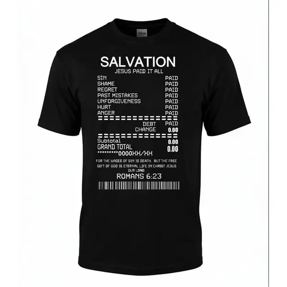 Men's Heavy Cotton Short-Sleeve T-Shirt - Classic Casual Fit, Round Neck, Relaxed Cut, Jesus Paid It All Print, Faith-Themed Christian Top with Bible Verse Romans 6:23, Wear Your Belief Streetwear, Unisex, Shortsleeve, All Seasons, Vibrant Print