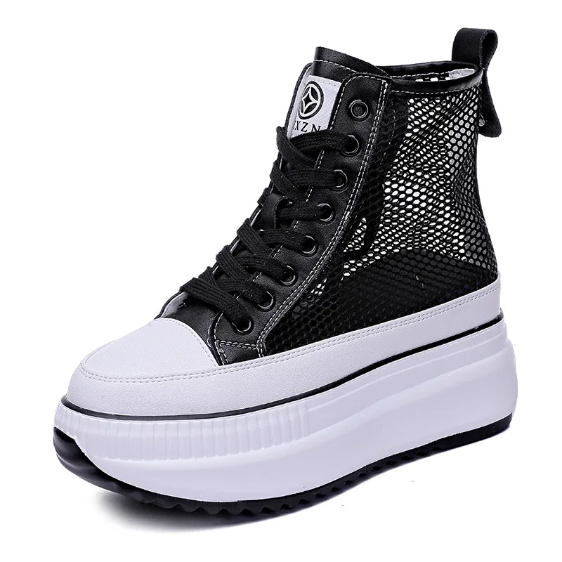 

7.5CM High quality Air Mesh Lace Women Boots Platform Sandals Women Spring Summer Shoes Breathable Zip Women Ankle Boots Fashion