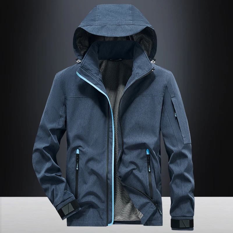 2024 Spring/Autumn Men's Charge Jacket Hiking Windproof and Waterproof Hooded Soft Shell Jacket Simple Solid Color Men's Coat