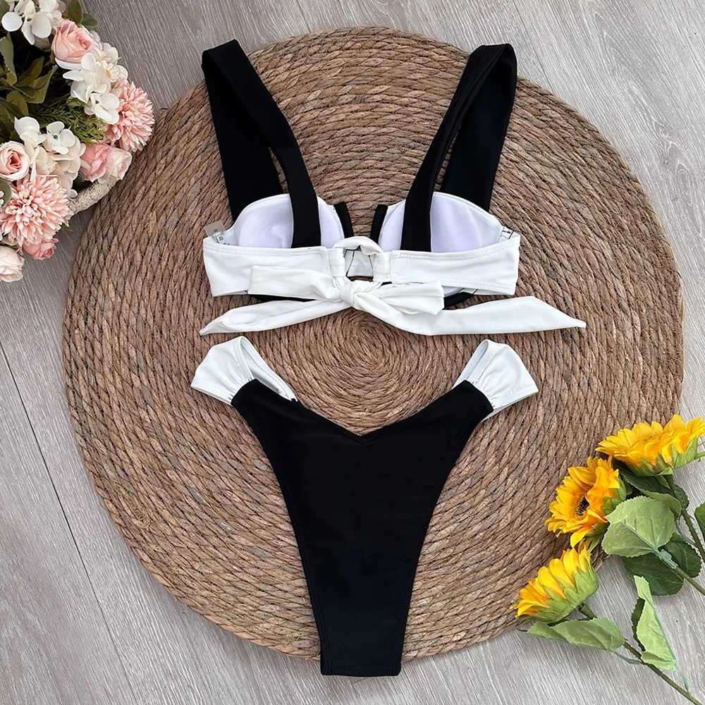 Sexy Micro Bikini 2024 Women Black White Halter Push Up Padded Thong Swimsuit Female Cut Out Bathing Suit Swimwear Biquini swim