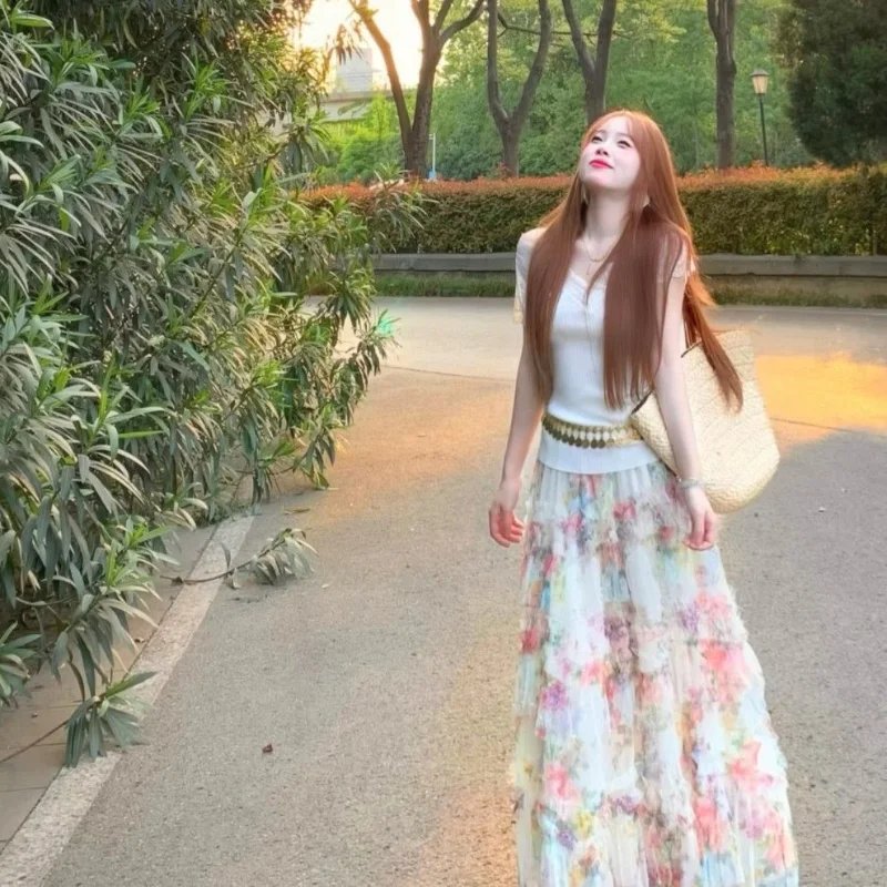 Summer Beautiful Women's Short Sleeve T-Shirt Floral Heavy Cake Skirt Two-Piece Set Casual High Waist Polyester Elastic
