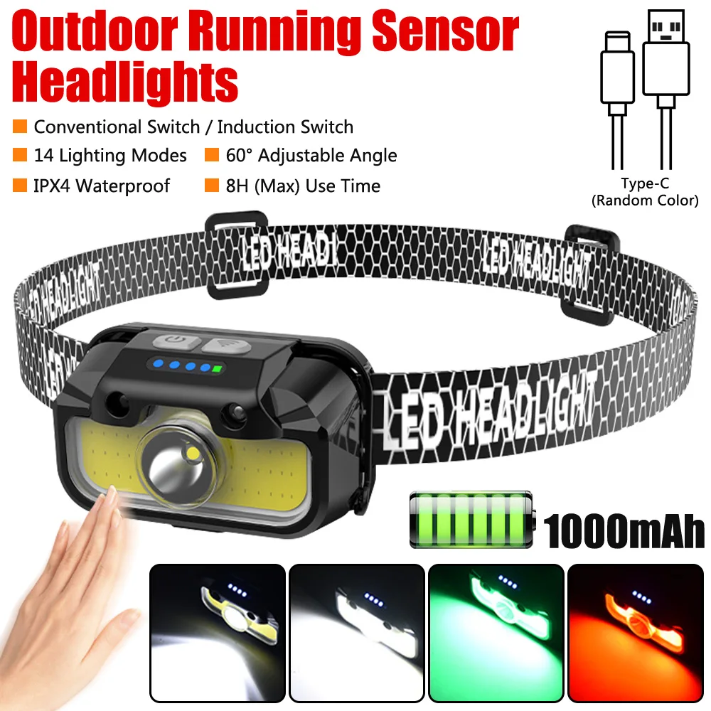 Motion Sensor Headlight With White Red Green Strong Light Headlamp 14Modes Portable Fishing Camping Outdoor Head Lamp Flashlight