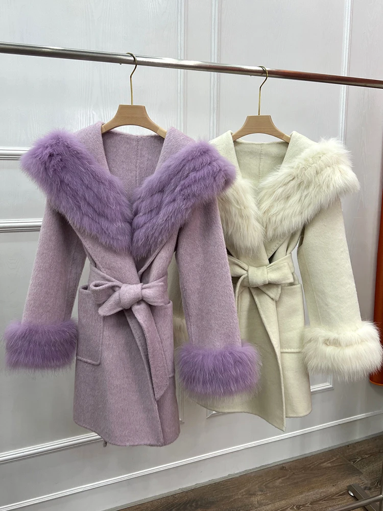 

Women Winter Natural Fox Fur Collar Jacket Cashmere Wool Woolen Coat Ladies Real Fur Coat Luxury Thick Female Outerwear