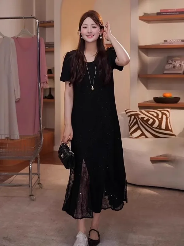 

plus Size Summer New Sle Lace Splicing Slimming A-Line Bla Dr ort Sve Dr Casual High Waist Polyester Fiber