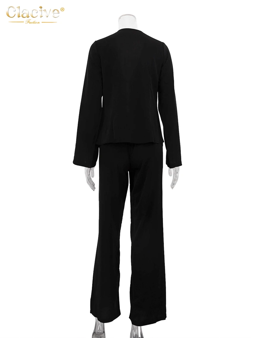 Clacive-Conjunto de pantalones negros sueltos para mujer, camisa elegante de manga larga con cordones y pantalones anchos de cintura media, 2 piezas