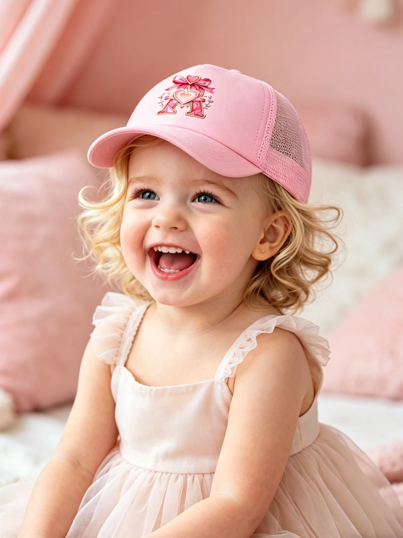 1pc pink baby hat  Adjustable Youngsters' Baseball Cap with A-Z letter Heart Bow Initial - Breathable Sun Hat for Boys and Girls view 3