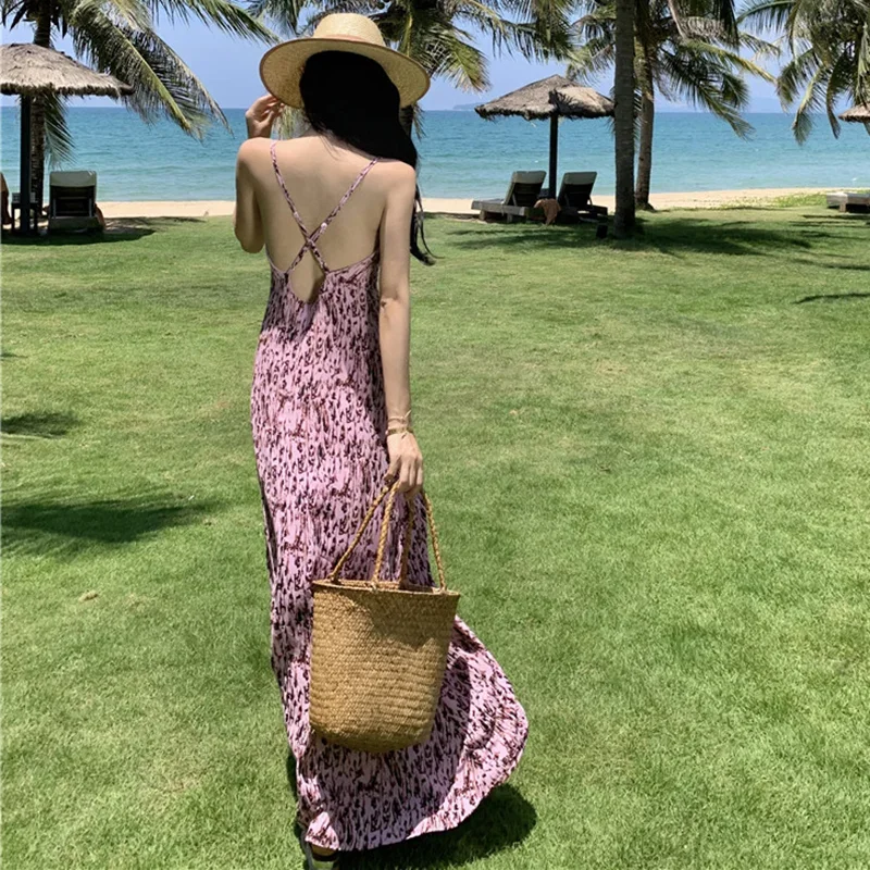 

New Leopard Print Elegant Women Backless Long Dress 2024 Summer Pink Sexy Slim Print Vacation Party Slip Clothing Y2K Sundress