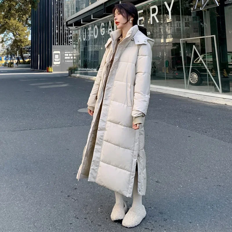 Autumn Winter Long Thick Parka Coat Women Hat Detachable Loose College Over Knee Cotton Coats 2024 New Coat Casual Comfort