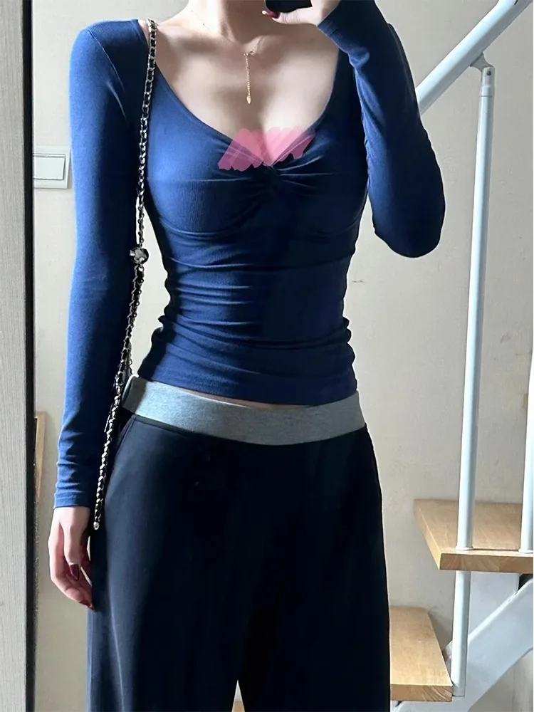 女性用長袖ディープVネックTシャツ,女性用トップス,セクシーなローカット,単色,スリムフィット,美的服,ファッション,秋