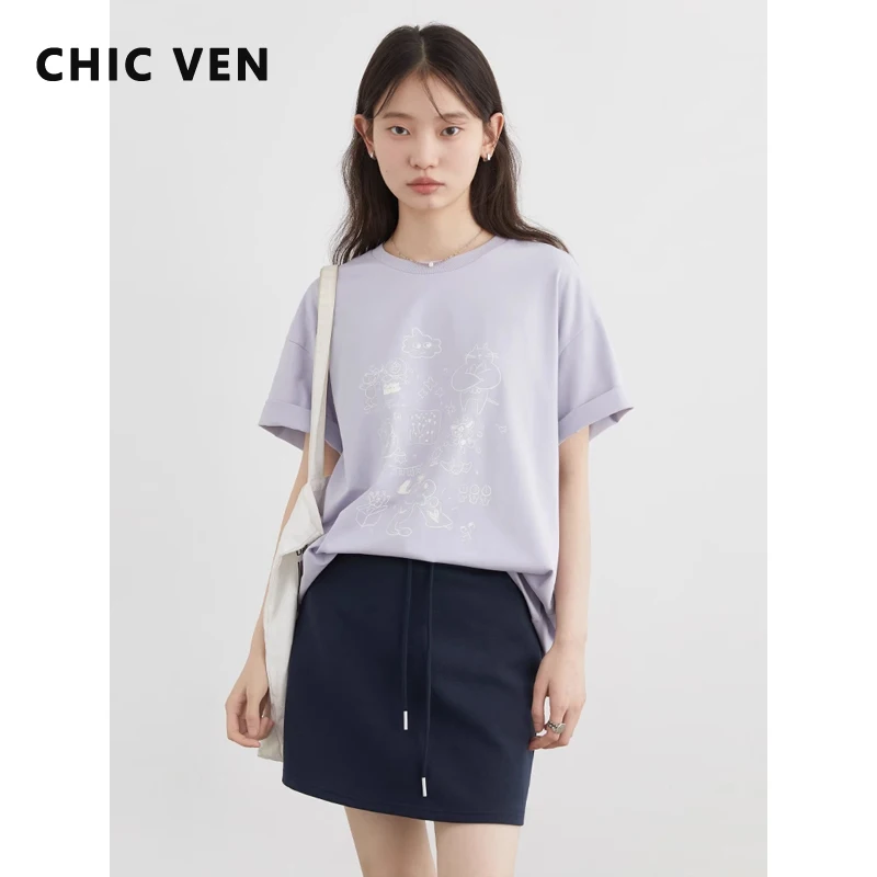 

CHIC VEN модные женские футболки свободные повседневные новые футболки с короткими рукавами и круглым вырезом с буквенным принтом пуловер женский топ лето 2025