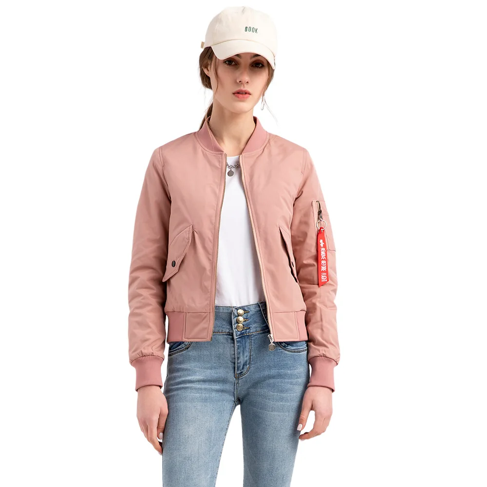 Jaket Pilot wanita, atasan motor wanita jaket Baseball Musim Dingin jatuh mantel penerbangan lengan panjang katun Bomber