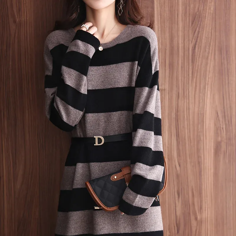 

100% Pure Wool Dress 2022 Autumn and Winter New Women's O-Neck Pullover Striped Contrast Color Knitted Long Sweater Female Skirt