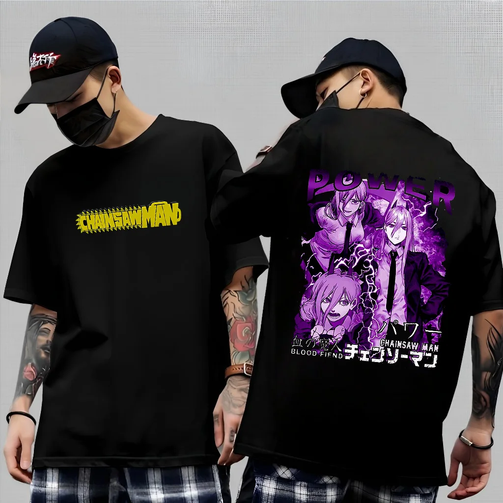 تي شيرت رجالي من القطن الخالص مطبوع عليه الرسوم المتحركة اليابانية بالمنشار للرجال والنساء، ملابس صيفية عصرية بأكمام قصيرة #1