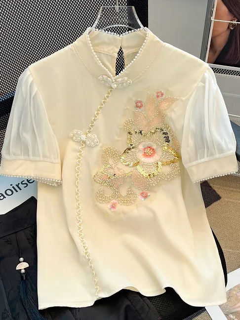 

Luxury 3D Embroidery Beaded Brocade Modified Qipao Short Sleeve Blouse for Women