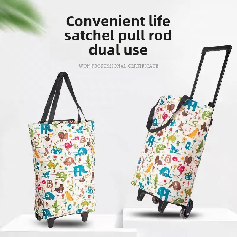 Large Shopping Cart with Durable Wheels Household Luggage Oxford Cloth Handbag Folding Portable Trailer Travel Organizer