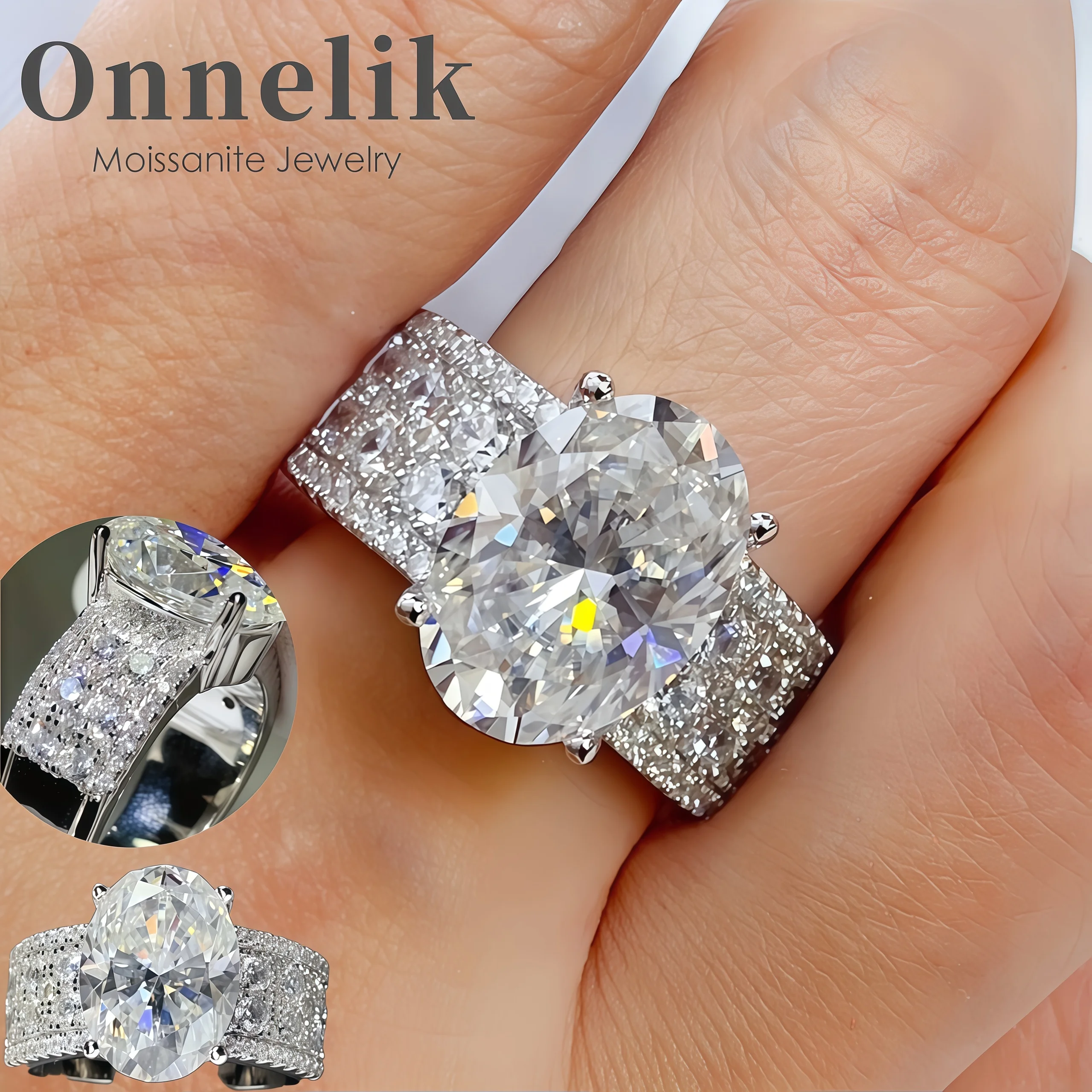 

Onnelik S925 Sterling Silver 8CT Full Pave Luxury Oval Moissanite Pigeon Egg Engagement Ring New Arrival Women’s Diamond Ring