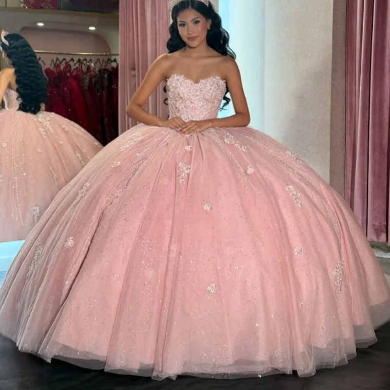 

Customized Shiny Pink Quinceanera Dresses Off the Shoulder applique flower Lace Long tail Bow Vestido 15 Quinceanera