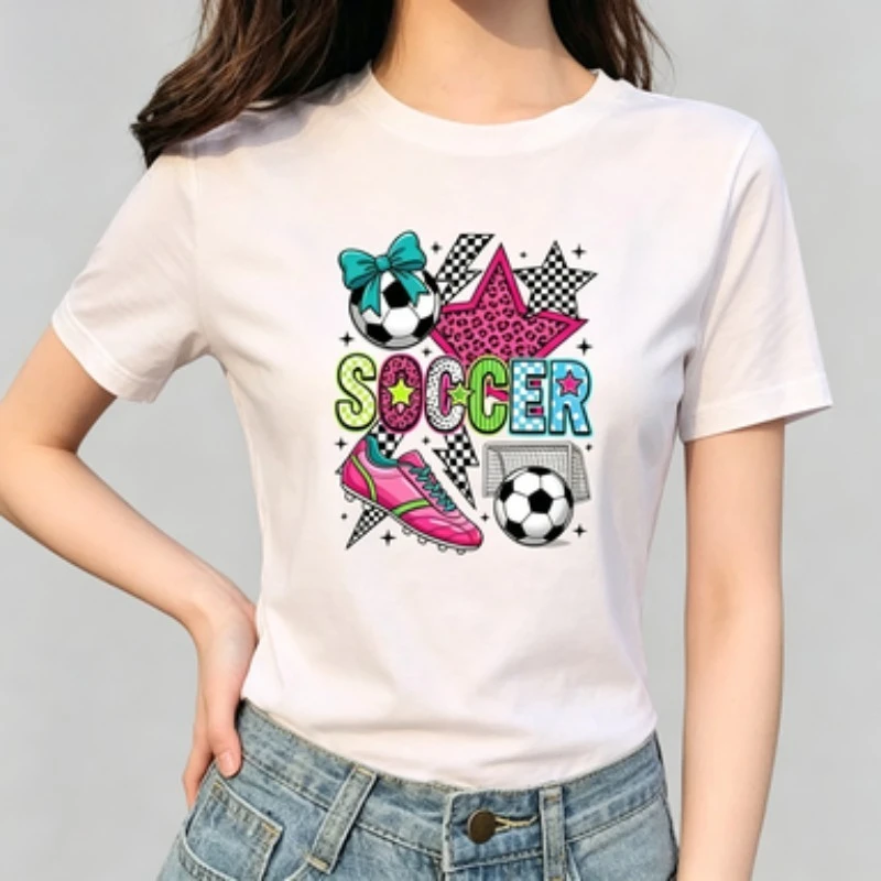 Fit Crew Neck T‑Shirt Girls Soccer Sport Art Print Short Sleeve Cotton Trendy Checker Lightning Graphic Casual Tops for Women