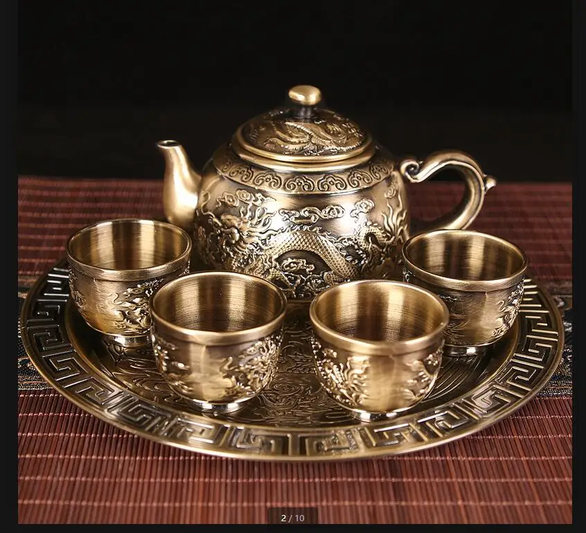 Chinese Metal Tea Set Dragon Phoenix Kung Fu Sets with Tray Cup of 6 Teacup Teapot Making Utensils Teaware