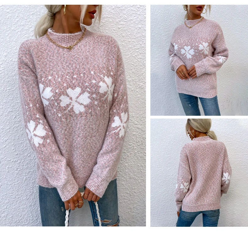 Winter Christmas Women's Sweater Snowflake Print Mock Neck Long Sleeve Casual Soft Knitwear Warm Thicken Xmas Pullover Tops