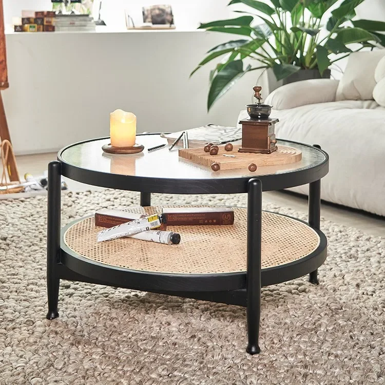 Rattan solid wood coffee table round combination Nordic living room simple glass tea table household small apartment