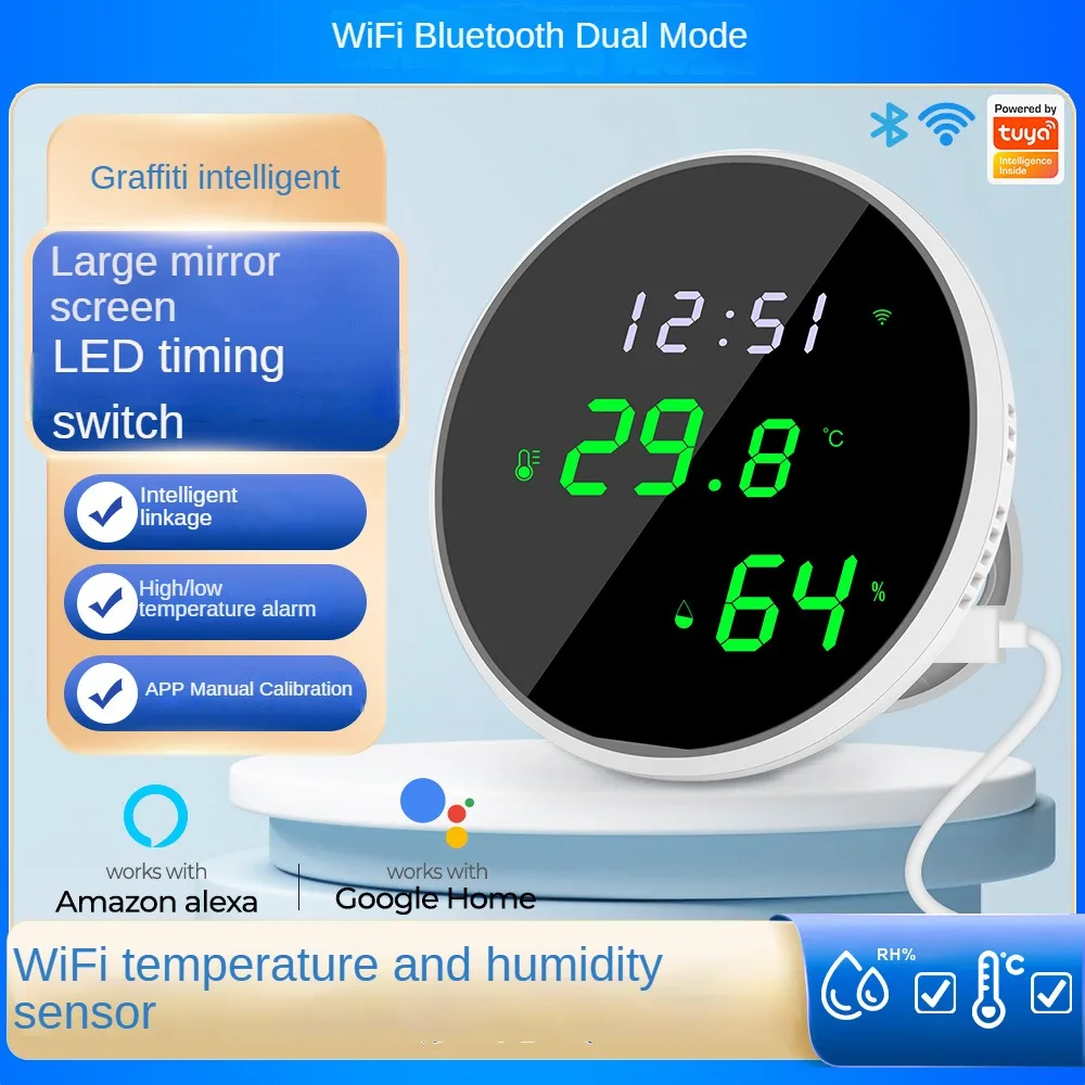 Graffiti Smart Home WiFi Temperature and Humidity Sensor LED Mirror Screen Indoor Thermometer Detector USB Power Supply