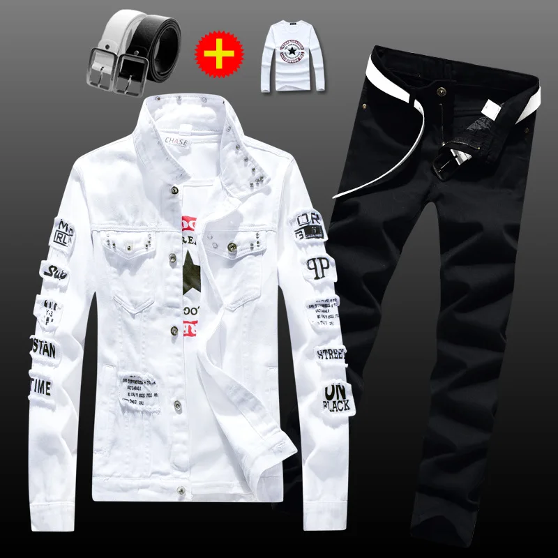 Mens Denim Jacket + Jeans Pants Spring Autumn Fashion Letters Printed Coat Trousers with Belt Free Send T-shirts 4pcs Suit