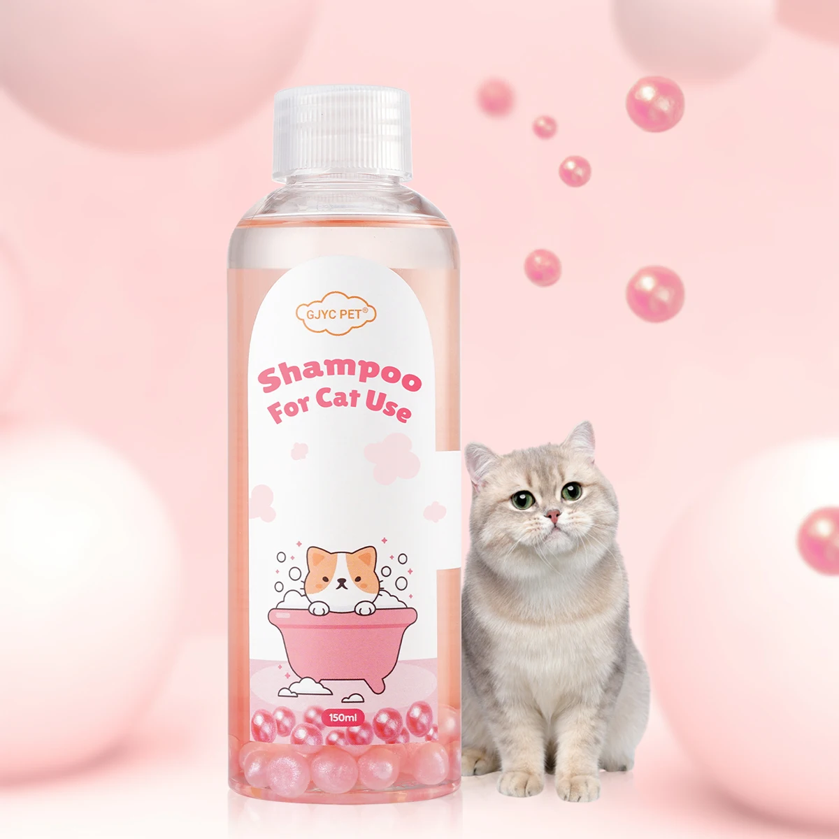 Bubble Tea Scent Cat Fragrance Shampoo - Pink Bead Texture, Deep Cleansing, Long-Lasting Fresh Scent, Soft Shiny Coat