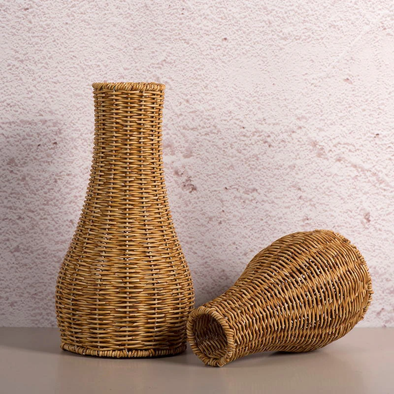 New Retro Handmade Woven Imitation Rattan Vase Flower Plant Potted Flower Basket Bouquet Holder Wedding Home Office Table Decor